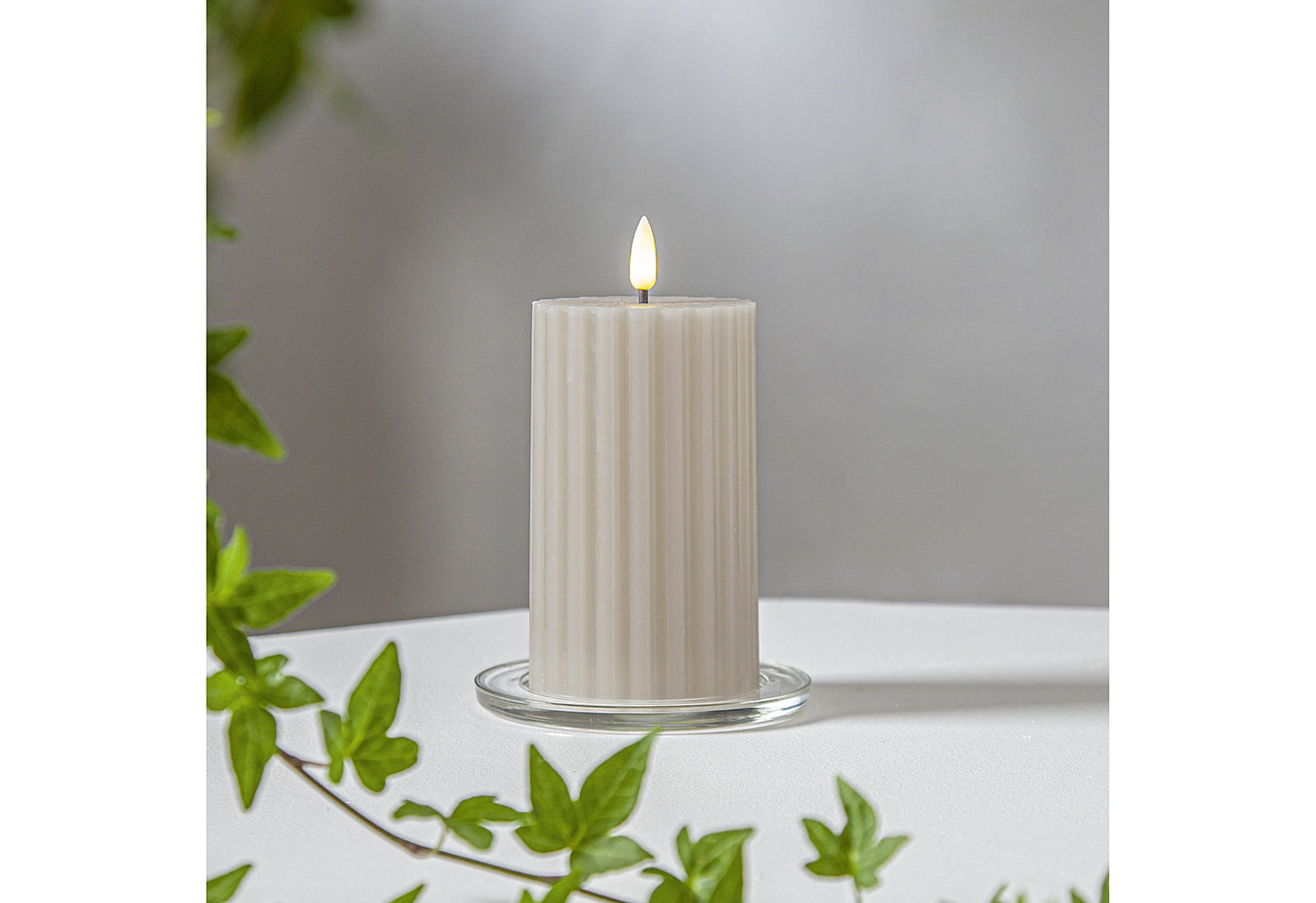 LED Wachskerze Flamme Stripe Batterie Timer 15x7,5cm beige