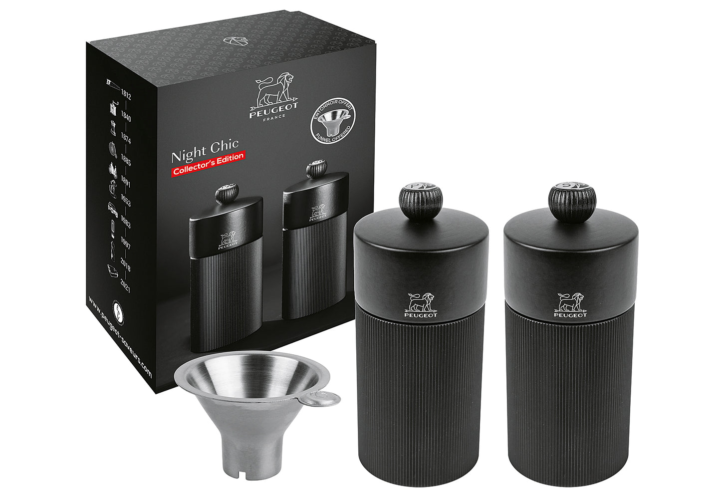 Duo Pfeffer & Salzmühle Night Chic Line inkl. Edelstahltrichter 12cm mattschwarz
