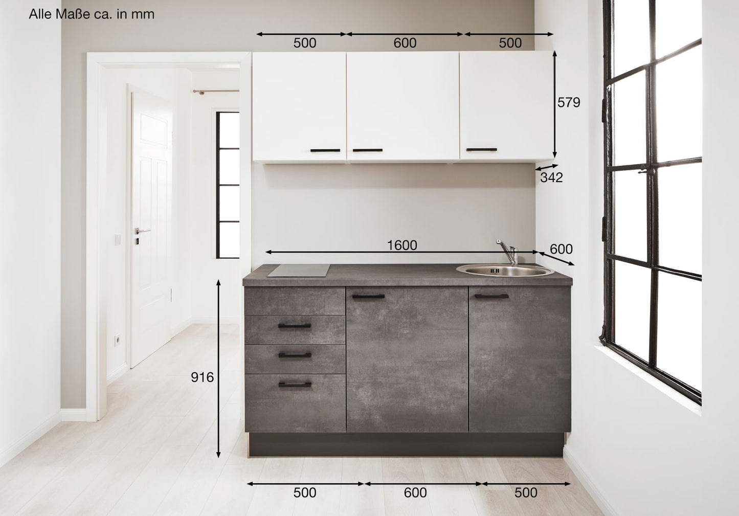 Küchenzeile 160 cm, Schränke in Weiß, Beton Grafitgrau - Ruder Home GmbH