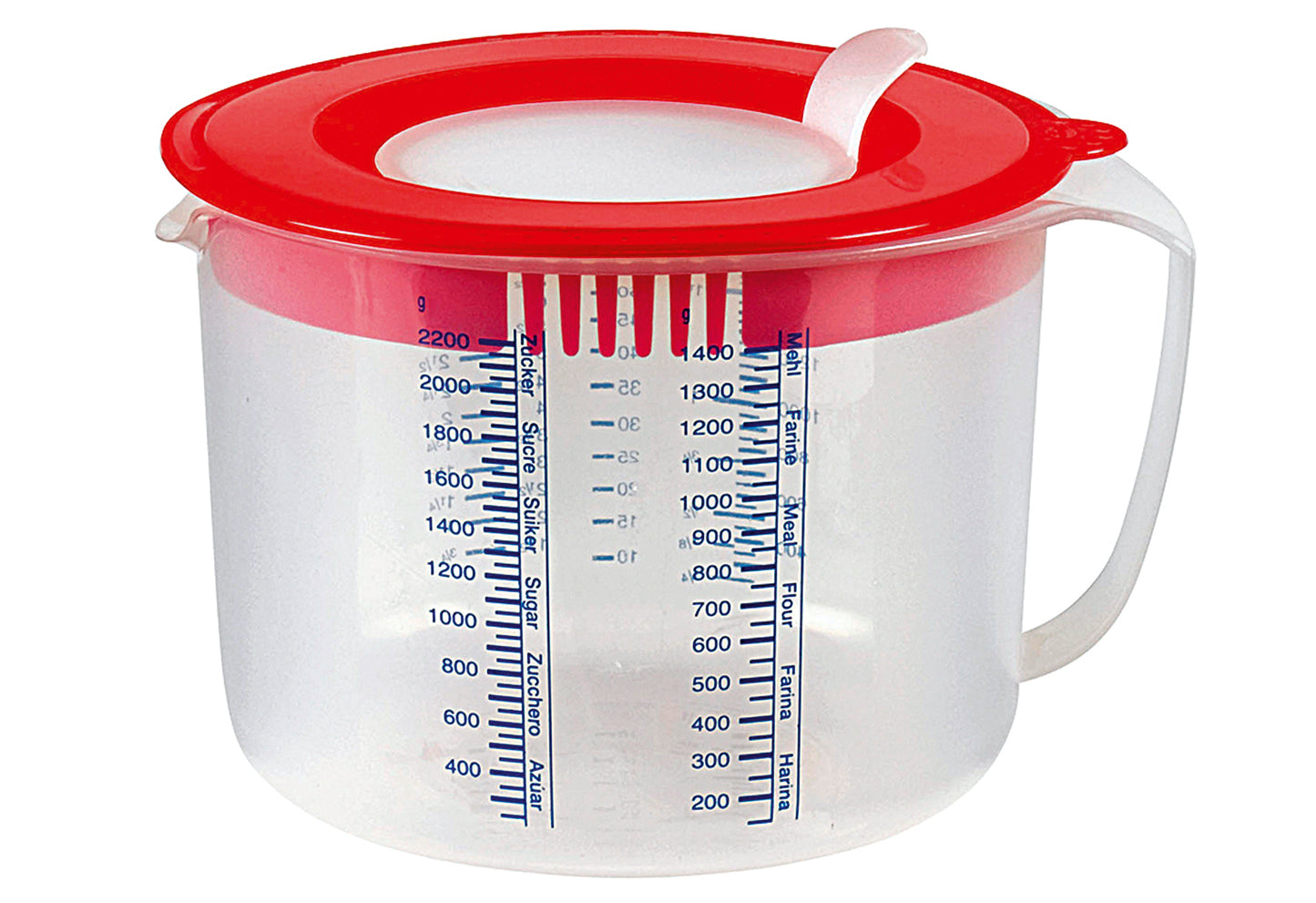 Mess-und Rührbecher 2,2 l rot / transparent mit Spritzschutz