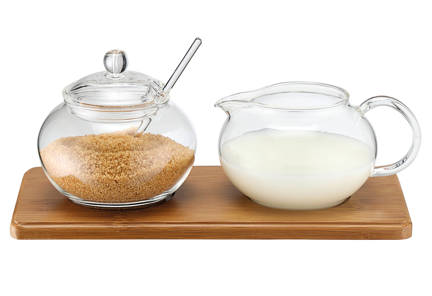 Zucker-/Sahne Set Glas mit Bambustablett