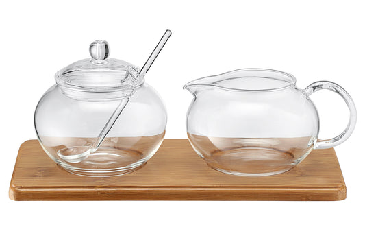 Zucker-/Sahne Set Glas mit Bambustablett