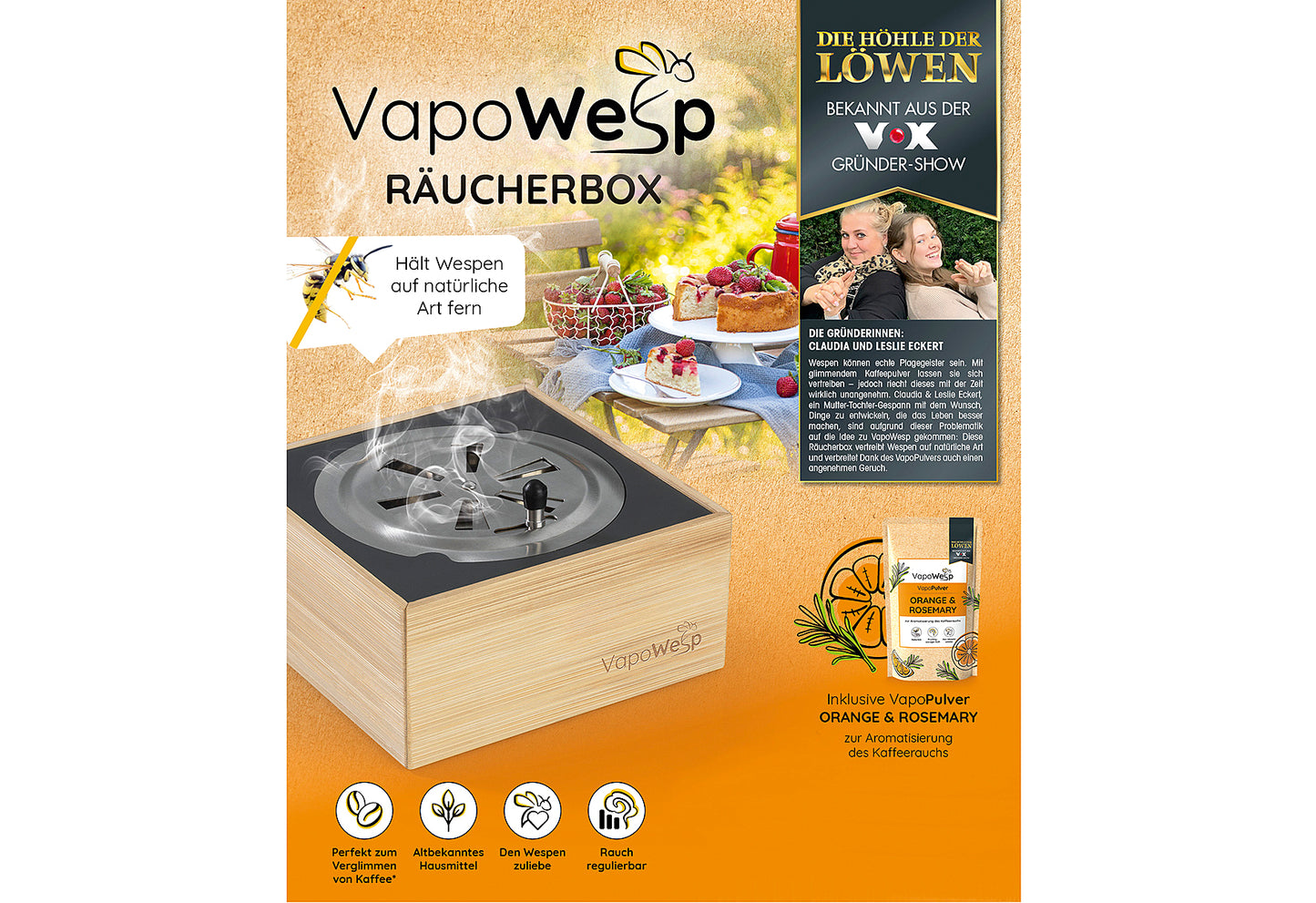 VapoWesp Räucherbox hellbraun inkl. Pulver Orange & Rosemary 50g