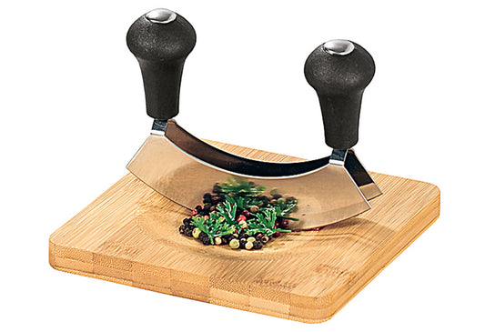 Kräuterschneidebrett Bambus mit Wiegemesser 16x16x1,8cm