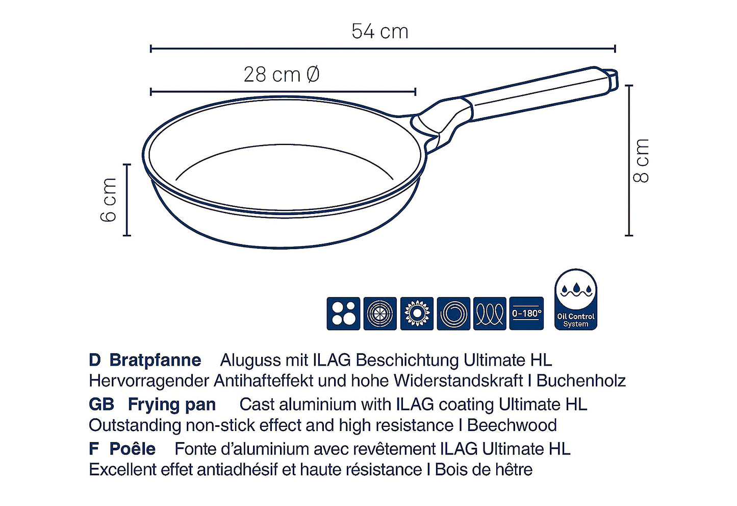 Bratpfanne Vitana Ø28cm H: 6cm  Griff Buchenholz