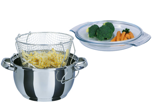 Frittiertopf Edelstahl mit Glasdeckel und Frittiereinsatz 3 l Ø22cm