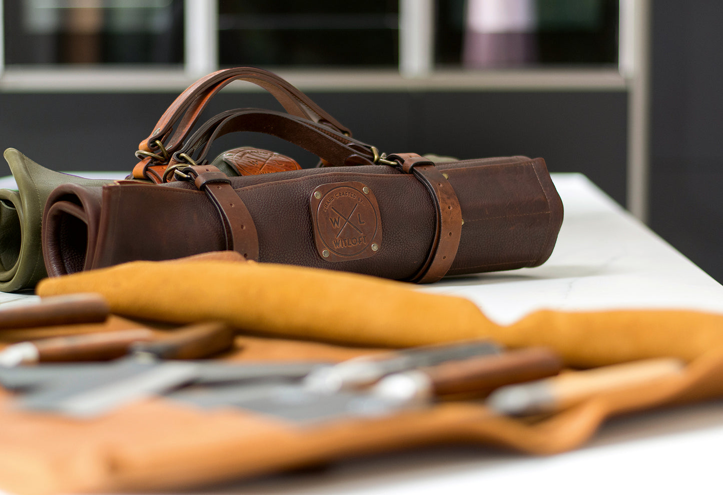 Leder-Messerrolle 5-Pocket dunkelbraun