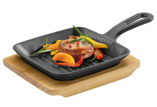 Grill-/Servierpfanne eckig mit Holzbrett BBQ 23x13,5x5,5cm