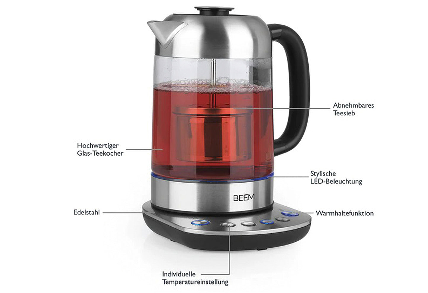 Wasserkocher Teatime II 1,7l 2200W mit Filter Edelstahl/Glas