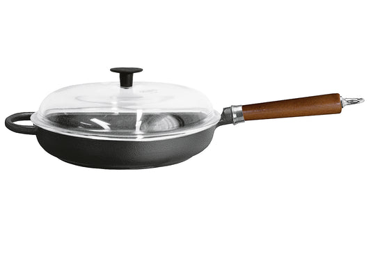 Bratpfanne Maestro Gusseisen hoch mit Glasdeckel und braunem Buchenholzgriff Ø28cm