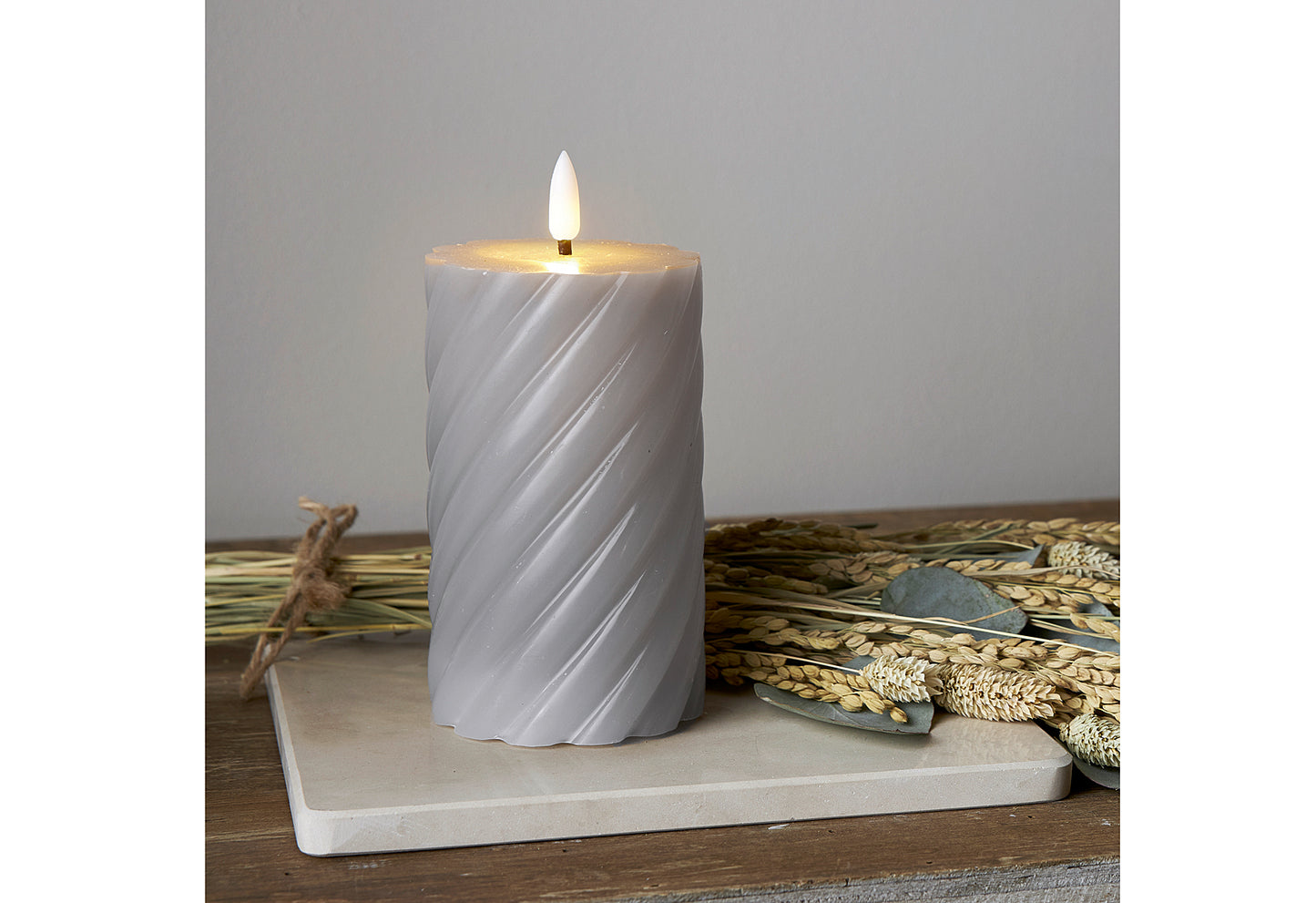 LED-Echtwachs-Kerze Flamme Swirl 15x7,5cm grau