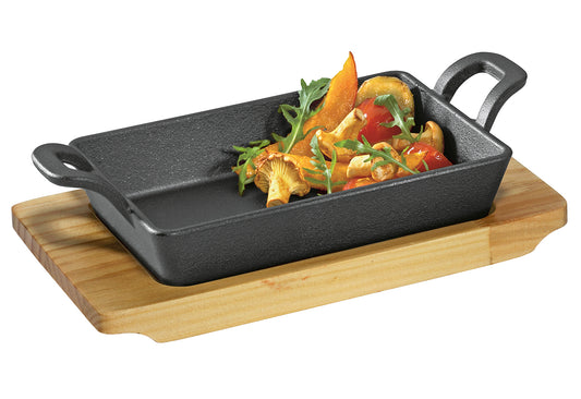Servierpfanne eckig mit 2 Griffen und Holzbrett BBQ 21,5x12,5x6cm