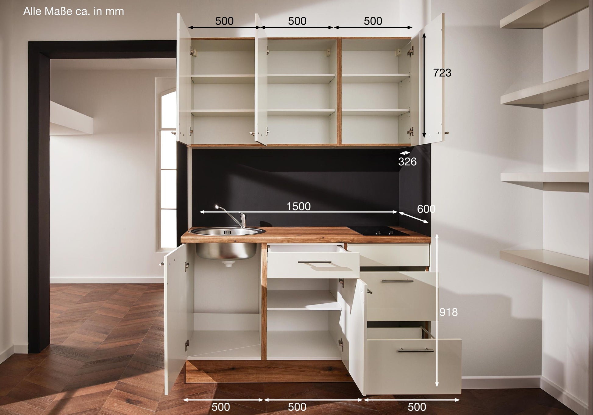 Küchenzeile 150 cm, Schränke in Magnolienweiß Hochglanz - Ruder Home GmbH