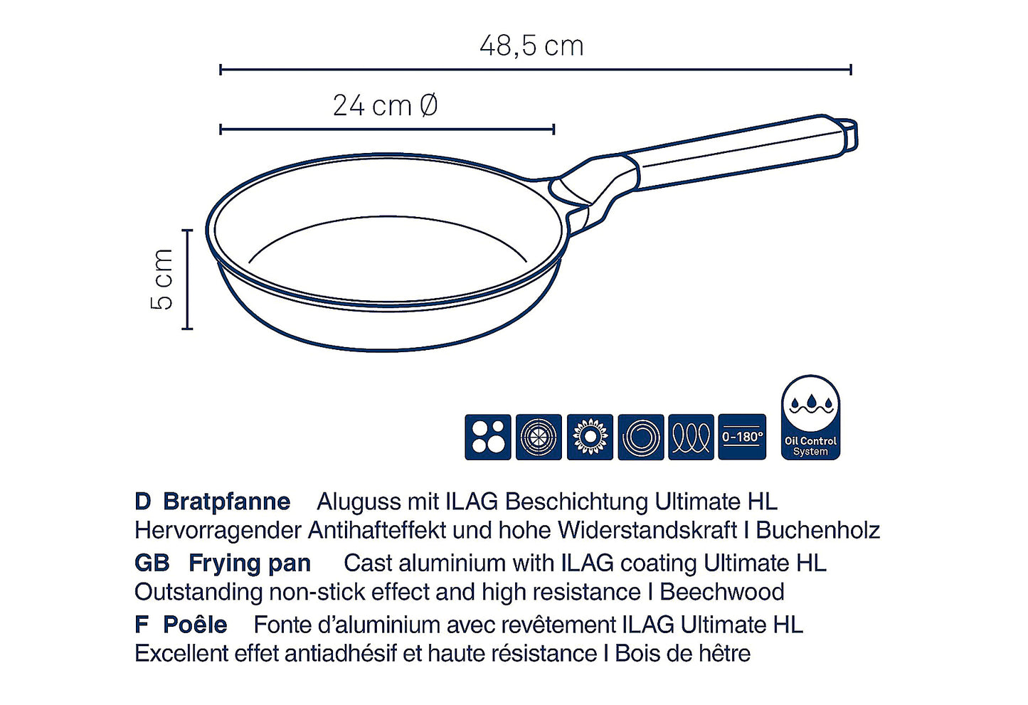 Bratpfanne Vitana Ø24cm H: 5cm Griff Buchenholz