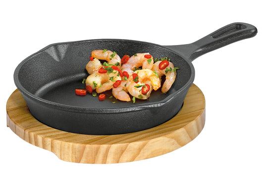 Servierpfanne mit Stielgriff und Holzbrett BBQ 26x18x6cm