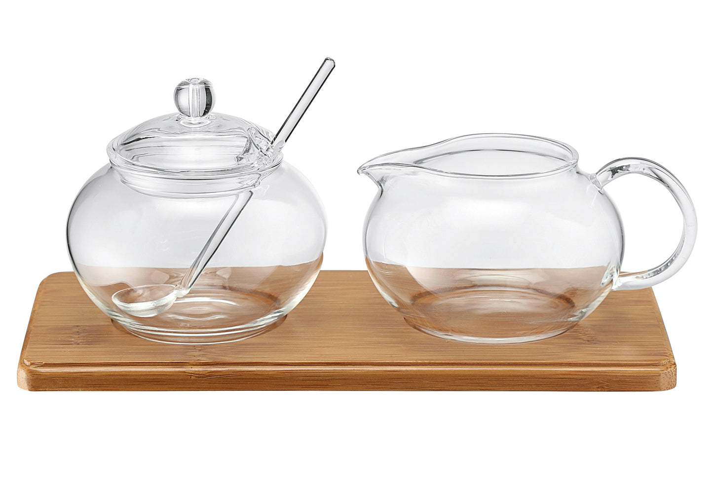 Zucker-/Sahne Set Glas mit Bambustablett