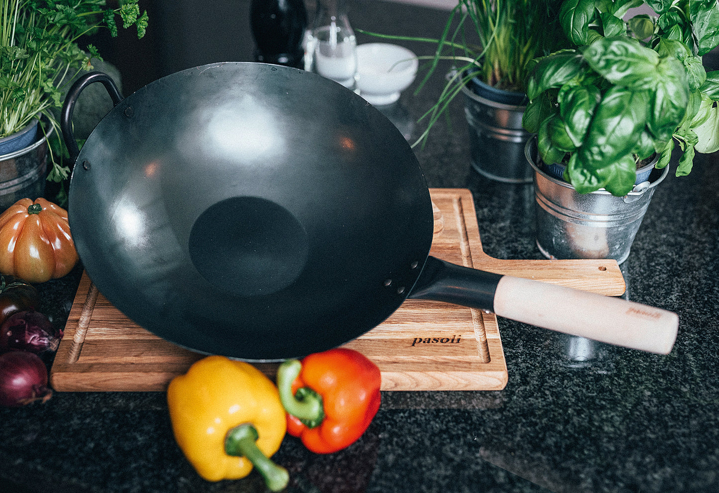 Wok flach Karbonstahl eingebrannt Ø30cm