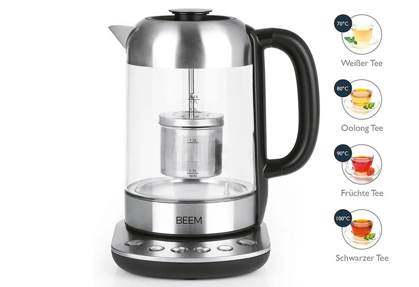 Wasserkocher Teatime II 1,7l 2200W mit Filter Edelstahl/Glas