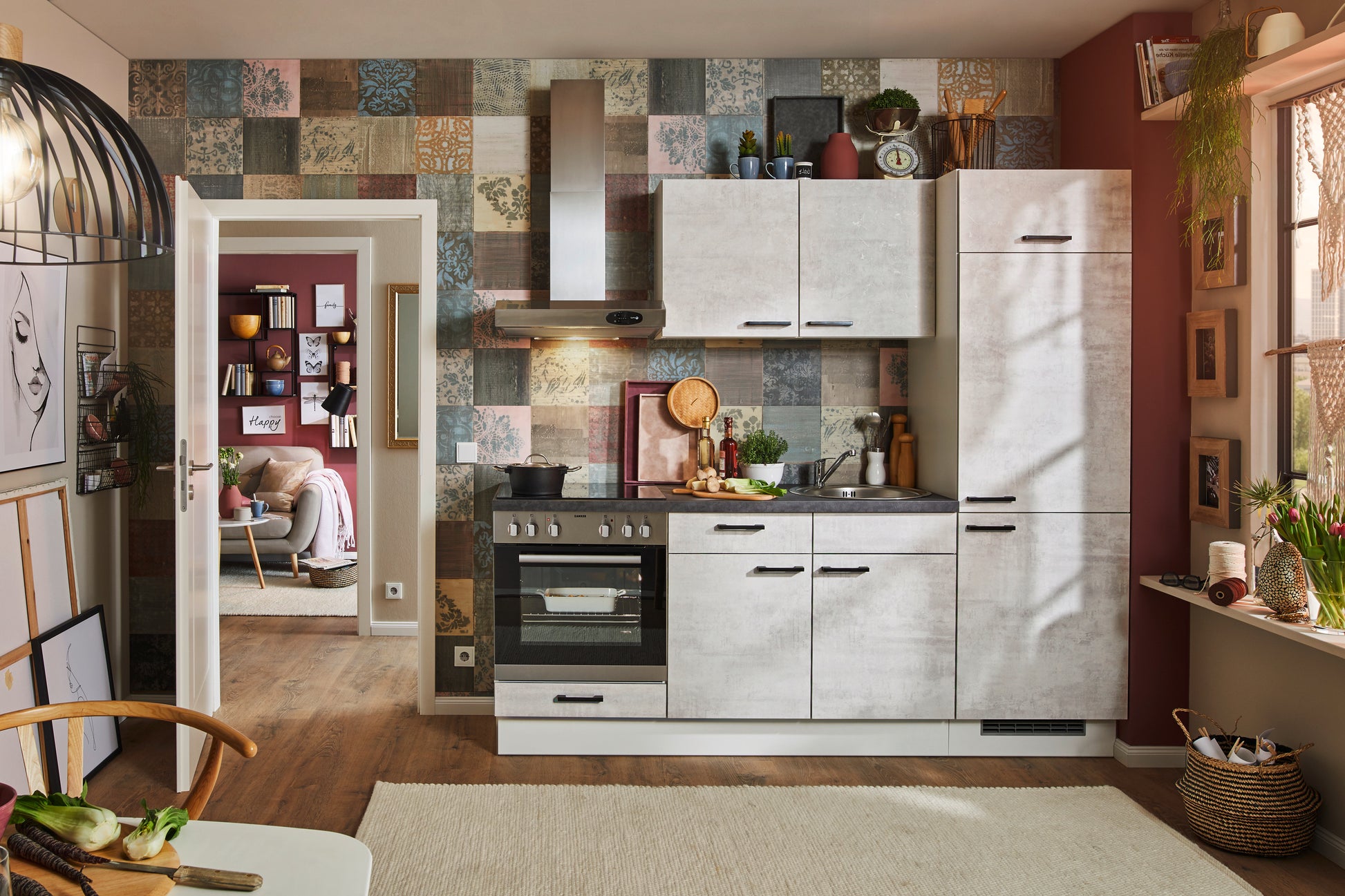 Küchenzeile 220 cm, Schränke in Beton weißgrau, fertig montiert, Aufbau super-einfach, Komplettküche mit Einbaugeräten, Spüle und Mischbatterie + Ausschnitte für Spüle und Kochfeld 