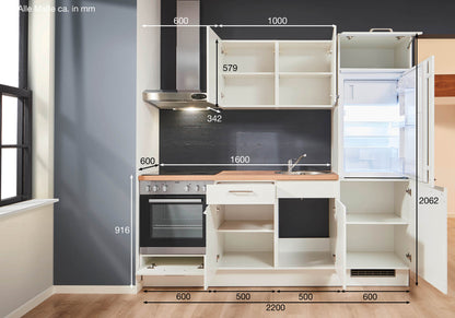 Küchenzeile 220 cm, Schränke in Weiß, fertig montiert, Aufbau super-einfach, Komplettküche mit Einbaugeräten, Spüle und Mischbatterie + Ausschnitte für Spüle und Kochfeld Made in Germany