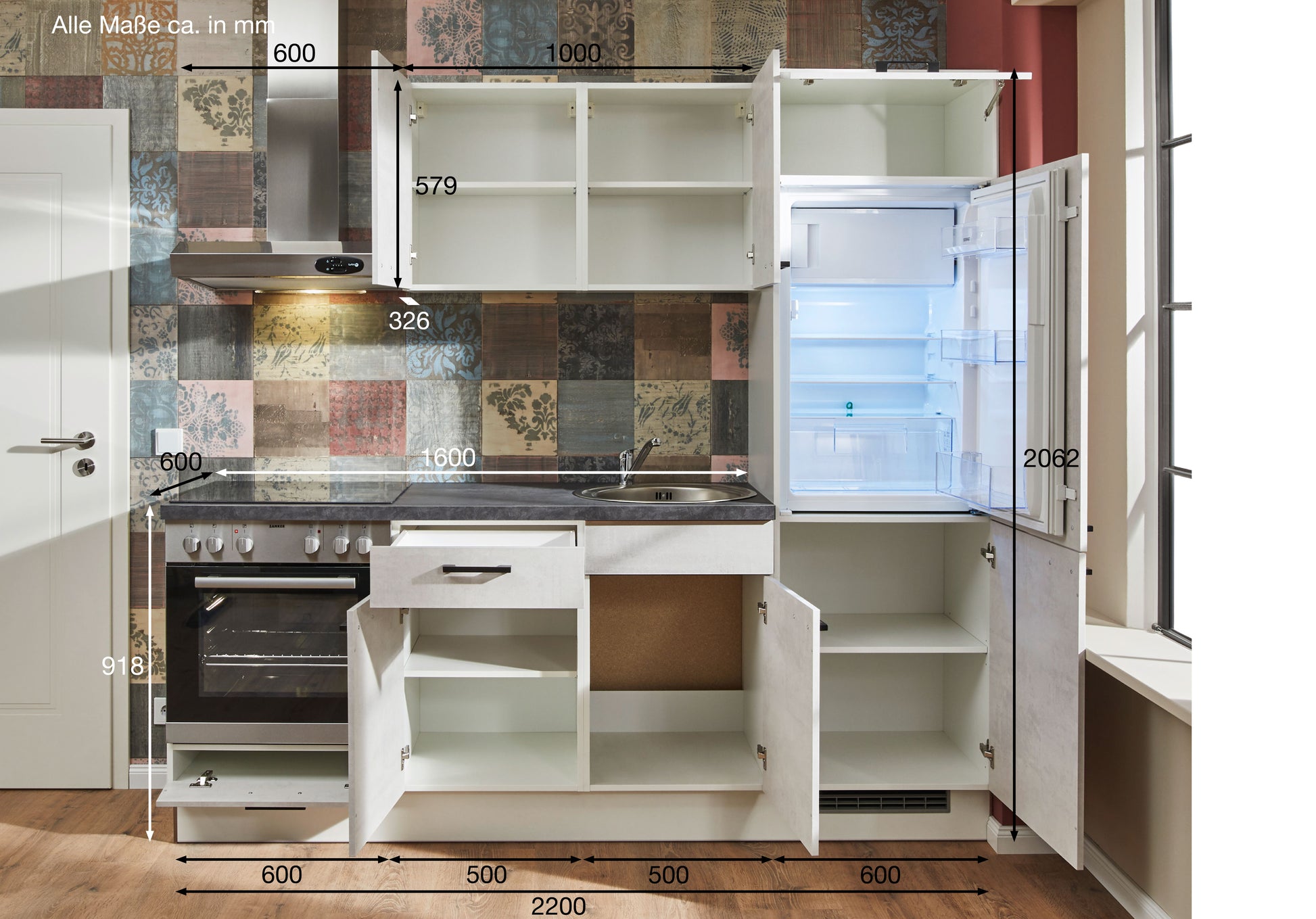 Küchenzeile 220 cm, Schränke in Weiß, fertig montiert, Aufbau super-einfach, Komplettküche mit Einbaugeräten, Spüle und Mischbatterie + Ausschnitte für Spüle und Kochfeld Made in Germany